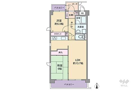 専有面積56.70平米の2LDK。玄関前に門扉付きの専用ポーチが設けられた、プライバシー性の高いプラン。LDKと和室が続き間で、襖の開閉で空間をフレキシブルに使用出来ます。