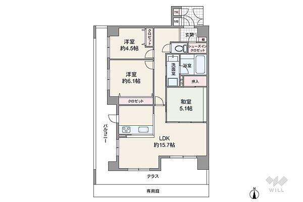 間取りは専有面積74.04平米の3LDK。LDK約15.7帖の横長リビングのプラン。バルコニー面積は15.2平米です。