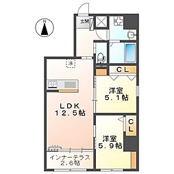 ラ カーサ明倫 2LDKの間取図画像
