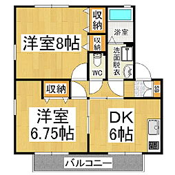 ハイランドタウンＨ棟 2階2DKの間取り