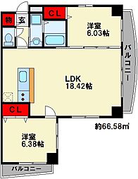 クロスコート門司港 4階2LDKの間取り