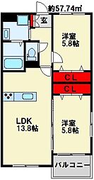 KIRA　HIAGARI 2階2LDKの間取り