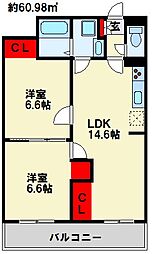 霧ヶ丘コーポラス 2LDKの間取図画像