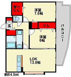 サンシャインマリンズ井堀 2LDKの間取図画像