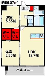 KSK南小倉コアプレイス 2LDKの間取図画像