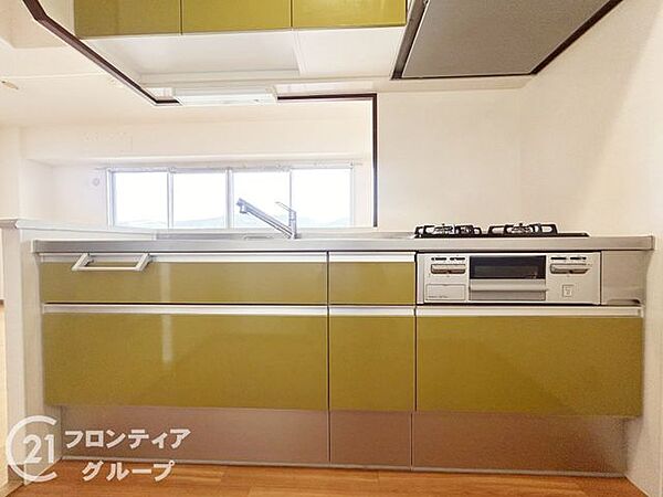空間を華やかに彩るモダンな色使いのシステムキッチンを採用しています。機能美とデザイン性を両立させた設計で、ご家族との会話を楽しみながら毎日のお料理を軽やかにこなせそうです