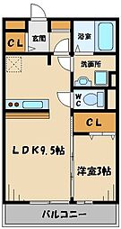 グリシーヌＢ 3階1LDKの間取り