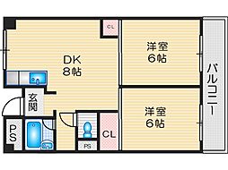 ローズハイツ茨木 2DKの間取図画像