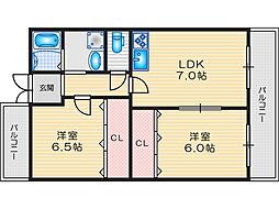 プチコモン城西 2DKの間取図画像