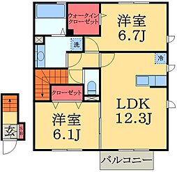 オリオンクレストＢ 2階2LDKの間取り