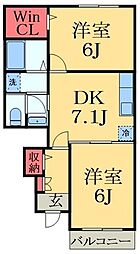 シャインウェーブB棟 2DKの間取図画像