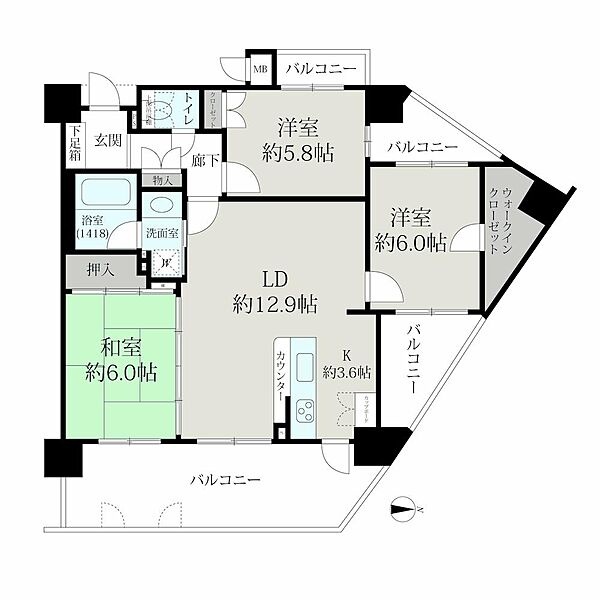 3LDK、価格1480万円、専有面積75.65m2、バルコニー面積23.1m2