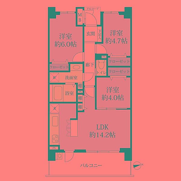 約14.2帖のLDKが魅力の3LDK。全居室に収納を設けた、居住空間を有効活用できる間取です。