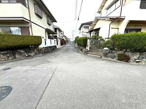 閑静な住宅街の一角。緑豊かな植栽が街並みに彩りを添え、穏やかな暮らしを演出します。散策にも心地よい、ゆとりのある住環境です。