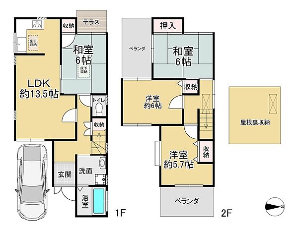 LDK約13.5帖に和室と洋室を配した3LDK。収納を随所に備え、広々とした居住空間を確保しています。