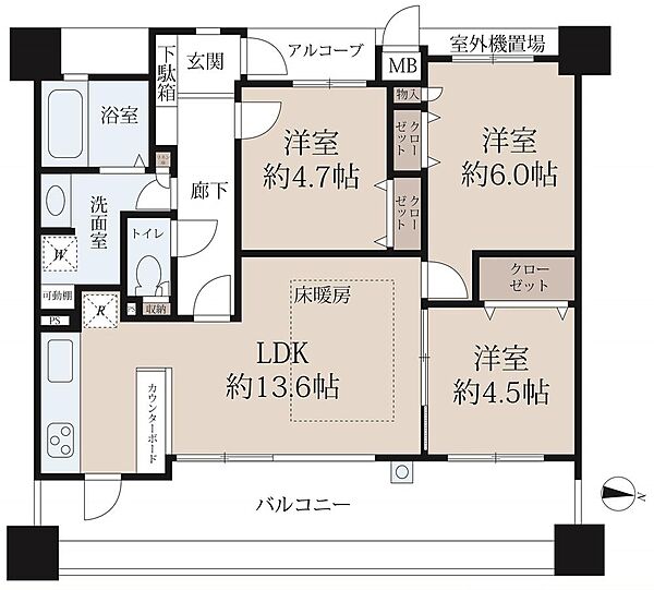 3LDK、価格3198万円、専有面積65.43m2、バルコニー面積18.28m2