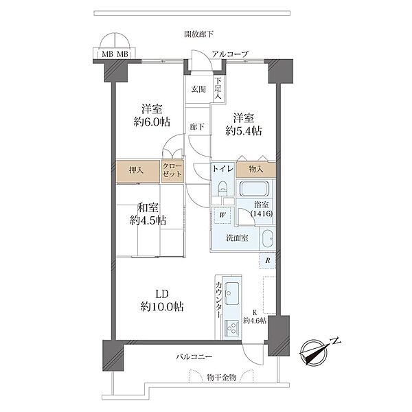 3LDK、価格3180万円、専有面積65.46m2、バルコニー面積10.1m2