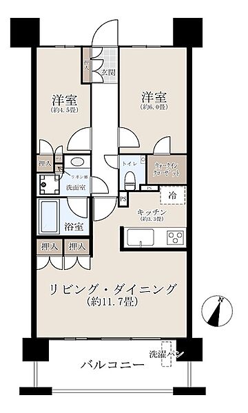 リビング・ダイニングが約11.7帖の2LDKプラン。収納豊富なウォークインクローゼット付きで、荷物が多い方も安心です。