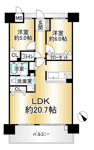 2LDK、価格3300万円、専有面積69.31m2、バルコニー面積12.4m2　◆2LDK