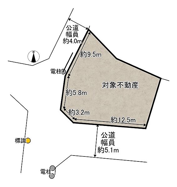 公道に面した整形地で、様々なプランニングが可能です。道路幅員は北側約4.0m、南側約5.1mです。