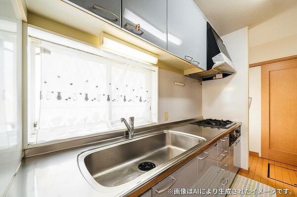 窓から光が差し込むキッチンは、調理スペースが広く確保されており、快適にお料理が楽しめます。収納も充実しています。
