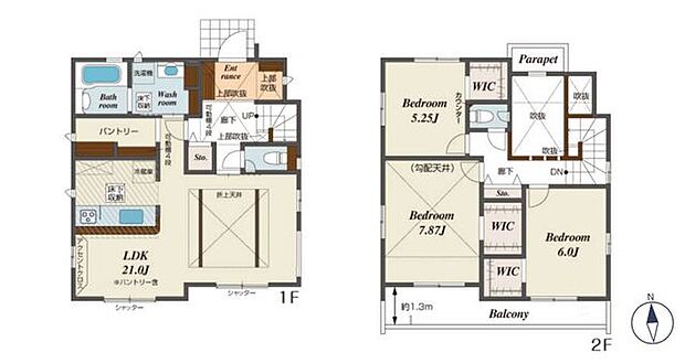 【カースペース2台以上可！敷地41坪超！玄関吹抜で空間が広く明るく開放的】安心の耐震構造と性能評価書付2部屋から行き来できる利便性のある南向きバルコニー