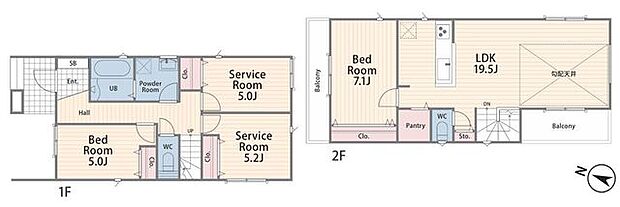 【LDK19.5帖は勾配天井の開放的な空間！家中まるごと浄水システムの家】2階LDKで周囲の目を気にせずプライバシーを確保全居室収納スペース＋パントリー