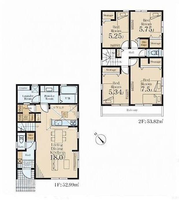 【長期優良住宅認定＋住宅性能評価書付きの高性能物件！広々LDKには全棟大容量パントリー完備】カースペース2台可全居室5帖以上と収納スペース完備