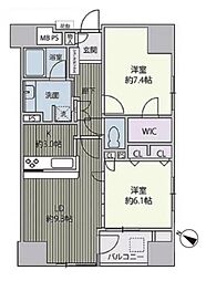 都営新宿線 市ヶ谷駅 徒歩5分の賃貸マンション 5階2LDKの間取り