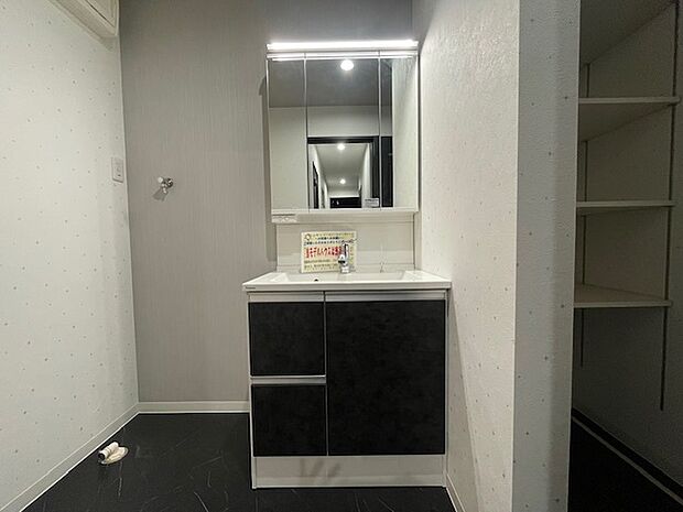 身支度の際に重宝する三面鏡タイプの洗面台です。洗面ボウル下、三面鏡裏に収納スペースがあります。