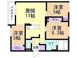 JR函館本線 厚別駅 徒歩5分の賃貸マンション 4階3LDKの間取り