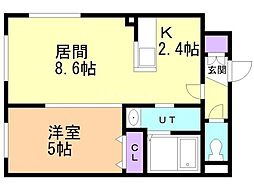 JR函館本線 厚別駅 徒歩5分の賃貸マンション 2階1LDKの間取り