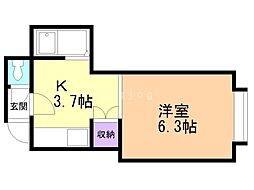 コーポライラック 3階1Kの間取り