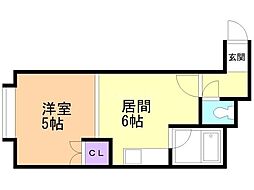 アーバンコート中の島Ａ棟 2階1DKの間取り