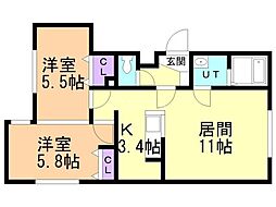 札幌市豊平区月寒東一条2丁目マンション 2LDKの間取図画像