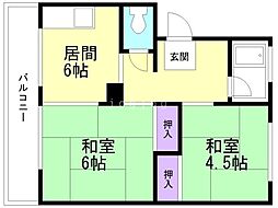 朝日ハイツ2号棟 2DKの間取図画像