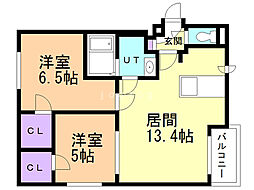 月寒EAST 5階2LDKの間取り