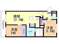 札幌市営東西線 西28丁目駅 徒歩9分の賃貸マンション 3階2LDKの間取り