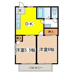 あずさリバーサイドA棟 2DKの間取図画像