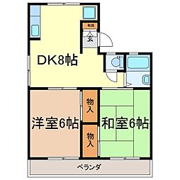 ヴィラ若宮B棟 2階2DKの間取り