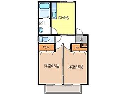 グリーンタウン宮島B棟 2階2DKの間取り