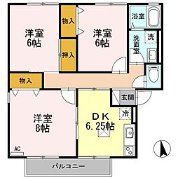 ハイグラッドB 1階3DKの間取り