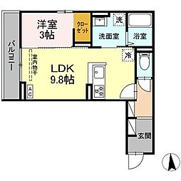 プランタン若里V 2階1LDKの間取り
