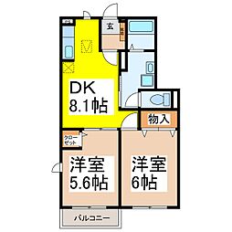 エディビレッヂA 1階2DKの間取り