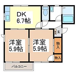 セントレージ三本柳S 2階2DKの間取り