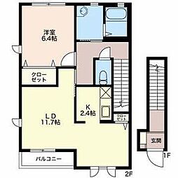 パルテールB棟 2階1LDKの間取り