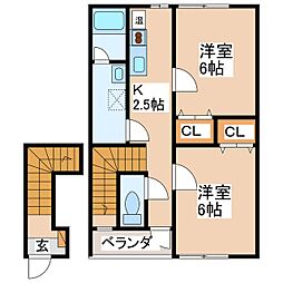 チャーム小萩 2階2Kの間取り