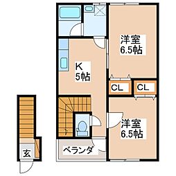 サンビレッジ保元 2階2DKの間取り