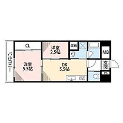 ルネッサンス21久留米六ツ門 2DKの間取図画像