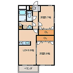 クレスト大善寺 2LDKの間取図画像